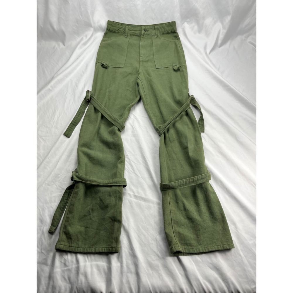 Boohoo Cargo Utility Strappy Buckle Olive Green Wide Leg Flare Pants